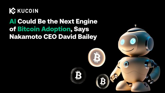 A promotional graphic for KuCoin featuring a friendly robot alongside Bitcoin symbols, with the headline "AI Could Be the Next Engine of Bitcoin Adoption, Says Nakamoto CEO David Bailey." The imagery visually represents the article's theme of AI agents driving Bitcoin adoption through tools like Lightning Labs' Wavelength, which enables AI to facilitate crypto transactions.