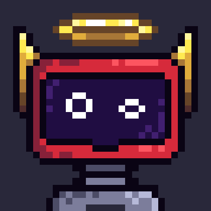 A pixel art illustration of a small red robot character with a dark visor, two white square eyes, and a yellow and orange antenna on top of its head.