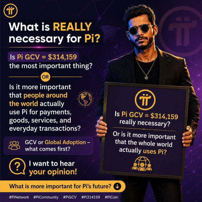 A promotional image featuring a man in sunglasses holding a Pi Network sign asks whether Pi's Global Consensus Value (GCV) of $314,159 or real-world global adoption is more critical for the cryptocurrency's future, encouraging community input on the debate.