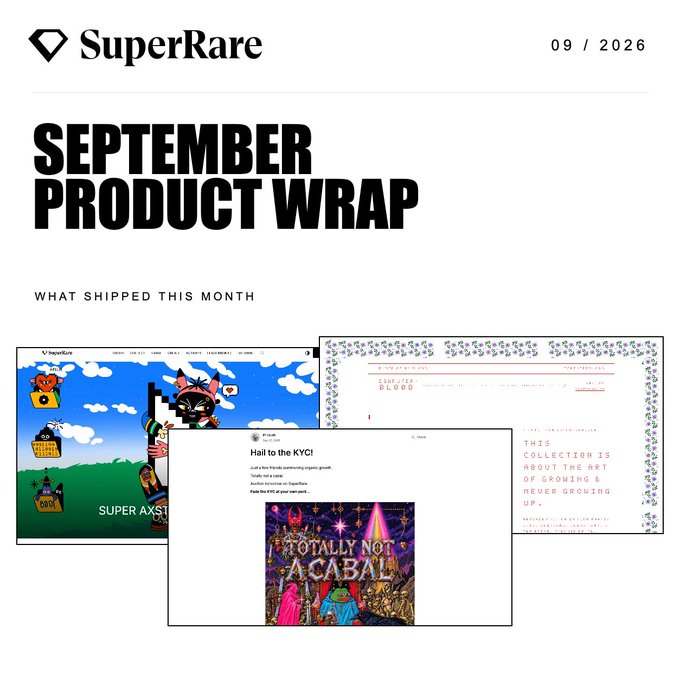 The image is a promotional graphic for "SuperRare" dated "09 / 2026," featuring the headline "SEPTEMBER PRODUCT WRAP" and the subheading "WHAT SHIPPED THIS MONTH." It showcases overlapping preview screenshots of various features, including a pixel-art themed "SUPER AX(S)" interface, a blog post titled "Hail to the KYC!" with bullet points about organic growth and a SuperRare Script interview, an art piece reading "TOTALLY NOT A CABAL," and a minimalist collection page about "BLOOD." The visual directly supports the post's summary by illustrating the new drops, editorial content, and artist-driven creative tools that launched that month.