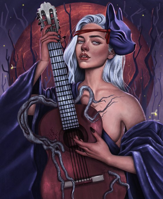 A fantasy-style digital illustration of a silver-haired woman with a red blindfold holding a guitar, wearing a purple robe, with a ghostly hand on her shoulder and vine-like tendrils wrapping around the instrument.