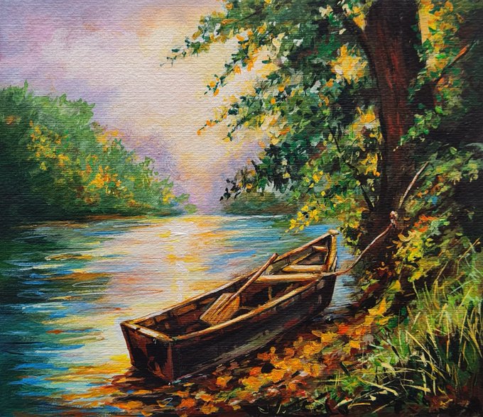 A vibrant landscape painting depicts a weathered wooden rowboat resting along the shore of a tranquil river, framed by lush green and golden foliage beneath a soft pastel sky, with sunlight reflecting off the water's surface. The empty boat embodies the post's poetic theme of an abandoned vessel that still carries the lingering essence of journeys dreamed but never taken.