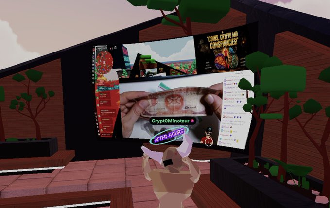 A screenshot from a 3D virtual world game shows an avatar with pink ears standing before a large screen displaying various crypto-related images and text including 'CryptoMInotaur' and 'AFTER-HOURS'.