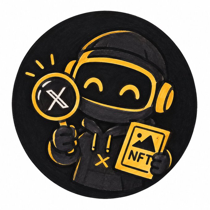 A cartoon-style circular avatar of a character in a VR headset holding a magnifying glass with the XRP logo and an NFT image card.