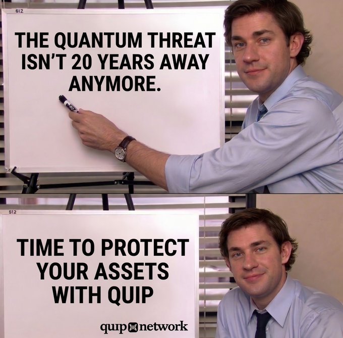 The image features a man sitting at his desk, holding up a whiteboard with black marker. The text on the board reads "Time to protect your assets with Q-Day", which suggests that the man is discussing the importance of securing digital assets in the context of quantum computing and its potential impact on Bitcoin and Ethereum security.