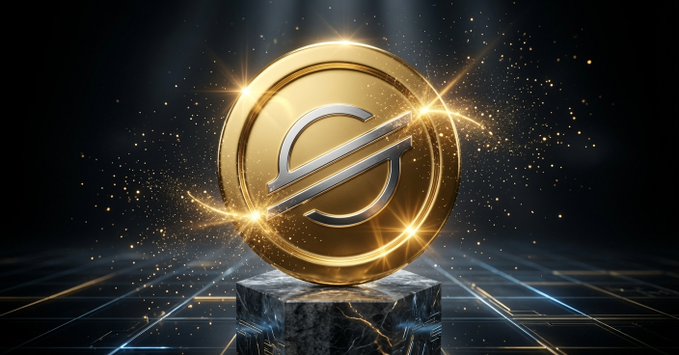 In the image, there is a gold coin with an X symbol on it sitting on top of a marble pedestal or rock formation. The coin has a lot of sparkles around it as if they are radiating from it. The background appears to be black and features a white border. In this context, the post is titled "XLM Under Pressure After an 18% Weekly Drop: What the Charts Are Saying". It seems like there might have been a decline in value of the cryptocurrency XLM recently, as it has decreased by 18%. The coin was awarded to XLM by Binance after winning an Olympic gold medal. However, recent events and economic factors may have led to its current state of underperformance or decrease in value.