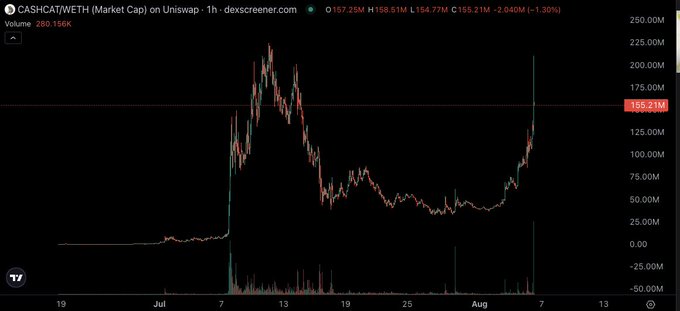 A 1-hour candlestick chart of $CASH (CASHCAT/WETH) market cap on Uniswap shows the token's price exploding from negligible levels to a peak above $220M before retreating to $155.21M (-2.04%), with volume spiking to 280.156K during the surge. The dramatic vertical price action visually reinforces the post's commentary about the "insane move" and highlights the volatility trap the poster warns about with influencer-driven pumps of RobinhoodChain tokens.