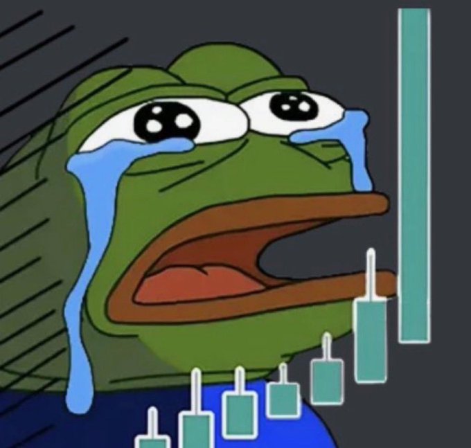 A meme of a crying Pepe the Frog looking at a candlestick chart, often used to depict devastating crypto losses.