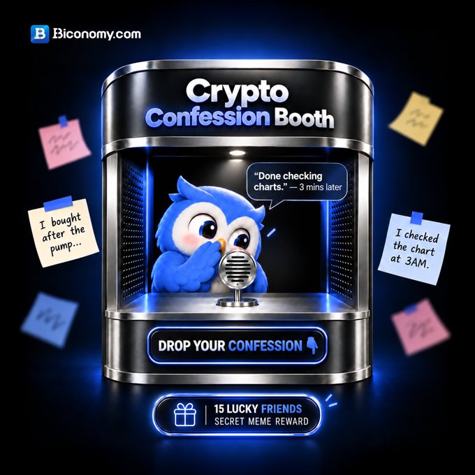 A promotional graphic for Bconomy.com's 'Crypto Confession Booth' featuring a blue owl mascot whispering 'Done checking charts.' — 3 mins later, with sticky notes reading 'I bought after the pump...' and 'I checked the chart at 3 AM.', and a 'DROP YOUR CONFESSION' button offering '15 LUCKY FRIENDS SECRET MEME REWARD'.