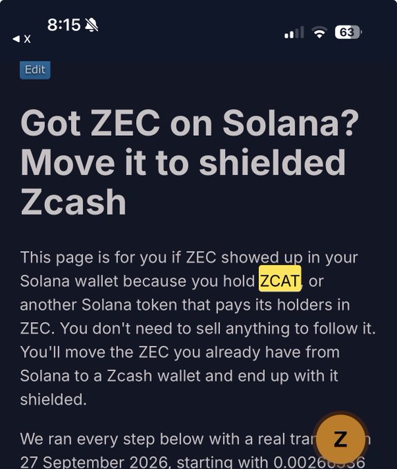 A mobile screenshot displays a guide titled "Got ZEC on Solana? Move it to shielded Zcash," explaining how to transfer ZEC earned from holding ZCAT (or similar Solana tokens) into a shielded Zcash wallet for privacy, with a note dated 27 September 2026. This relates to the post about being bullish on $Zcat by highlighting a practical step—moving earned ZEC rewards into shielded Zcash—showing real utility and ecosystem integration for Zcat holders.