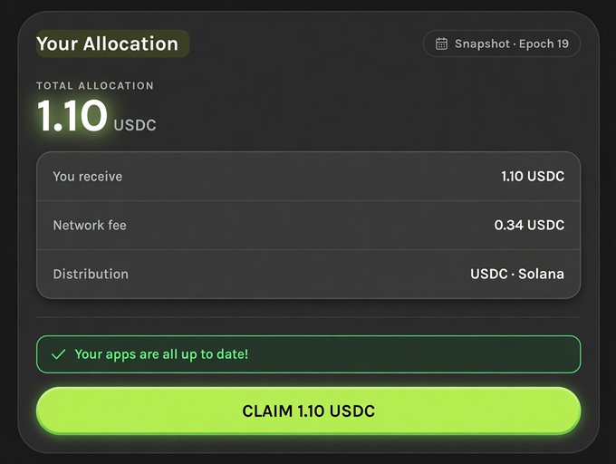 This image shows a "Your Allocation" screen displaying a total of 1.10 USDC for a Grass airdrop on Solana, with a network fee of 0.34 USDC and an option to "CLAIM 1.10 USDC." The claim interface directly relates to the post's mention of claiming "remaining $1.1" after a substantial initial claim.