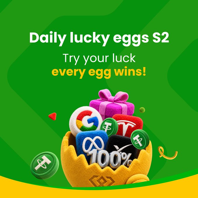 The image is a vibrant green promotional graphic for "Daily lucky eggs S2" featuring the tagline "Try your luck, every egg wins!" and showcasing colorful 3D-rendered icons—including a Google "G," Tesla "T," Meta infinity logo, USDT coins, a pink gift box, and a "100%" badge—emerging from a cracked golden egg, visually promoting WEEX's "Daily Lucky Eggs S2" campaign running from Sep 17 to Oct 5 with up to 10,000 USDT in position airdrops.