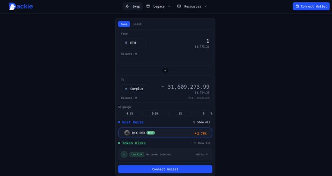 The image shows the DackieSwap swap interface with the Limit tab active, displaying a swap from 1 ETH ($1,773.21) to approximately 31,609,273.99 $SURPLUS ($1,724.25), highlighting the OKX DEX as the best route with a 2.76% advantage. The interface supports the post's call to swap $SURPLUS on DackieSwap Meta Aggregator by showing a live example of the token being traded.