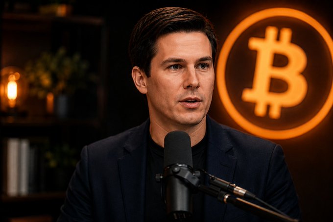 A man in a dark blazer speaks into a microphone in a podcast studio setting, with a glowing orange Bitcoin (₿) logo prominently displayed on the wall behind him.