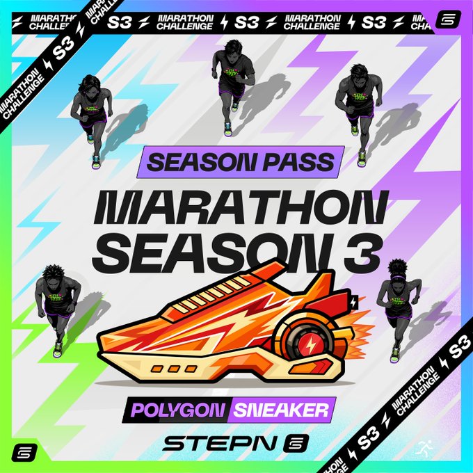 Promotional graphic for "STEPN's Marathon Season 3 Season Pass" featuring a "Polygon Sneaker" in orange and white with lightning bolt designs, surrounded by animated runners in black STEPN athletic wear against a colorful lightning-bolt background. The image aligns with the post highlighting the Season Pass and its Soulbound free Polygon sneaker reward at the end of Round 1.
