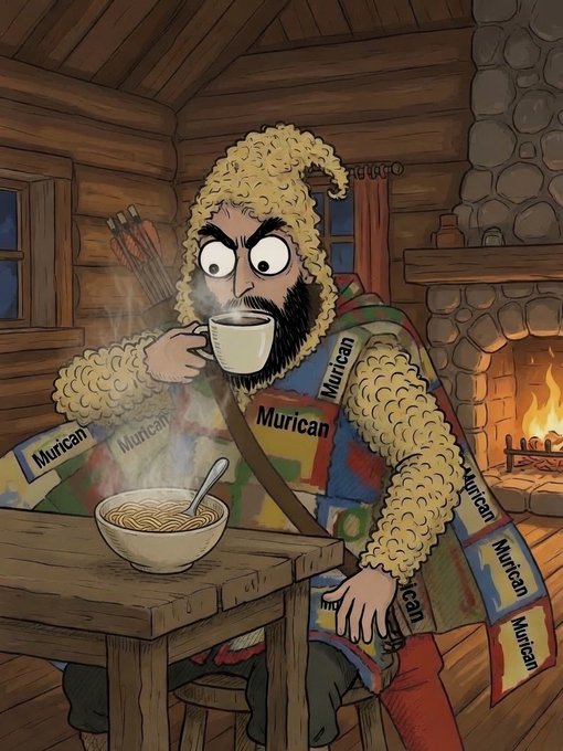 A cartoon illustration of a bearded man wearing a patchwork coat with the word "Murican" repeatedly printed on it, drinking from a mug while seated at a wooden table with a bowl of steaming noodles in a log cabin.