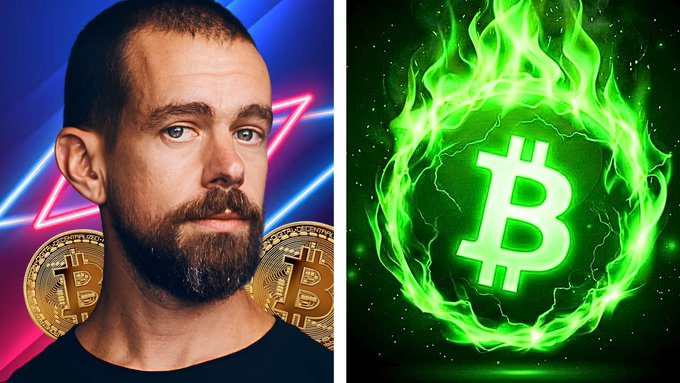 A split image showing a bearded man (Jack Dorsey) with physical Bitcoin coins on the left against a neon pink and blue background, and a glowing green Bitcoin symbol surrounded by flames and lightning on the right.