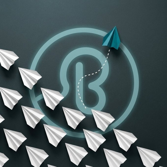 A conceptual image showing a teal paper plane breaking away from a swarm of gray paper planes, with a glowing 'B' logo in the background.