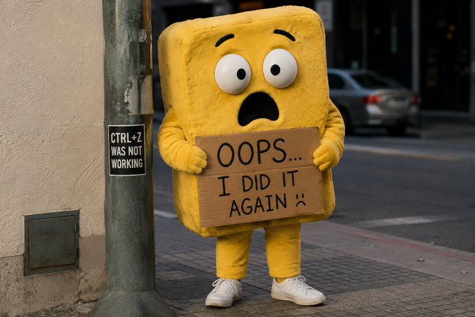 A yellow sponge-like mascot stands on a sidewalk holding a cardboard sign that reads 'OOPS... I DID IT AGAIN :(', while a nearby sticker humorously notes 'CTRL+Z WAS NOT WORKING'.