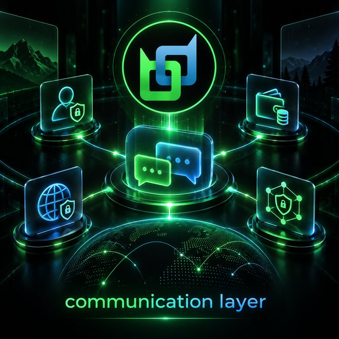 A digital graphic illustrates a 'communication layer' with glowing green and blue icons representing security, global network, chat messages, and data wallet features.