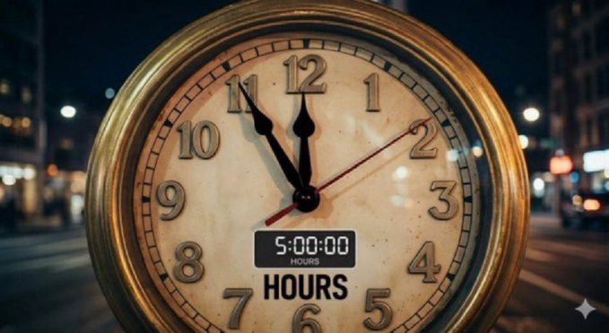 A close-up of an ornate golden clock face showing the time, with a digital display reading "5:00:00" above the word "HOURS" against a blurred nighttime city street background.