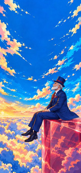 An anime-style illustration of an older man in a suit and top hat sitting on a red cube above the clouds during a vibrant sunset.
