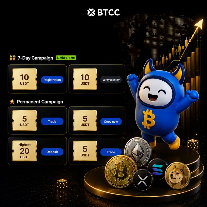 The image is a BTCC promotional graphic featuring a blue mascot character alongside cryptocurrency coins (Bitcoin, Ethereum, XRP, Dogecoin, and Solana), advertising reward campaigns including a "7-Day Campaign" (Limited-time) offering 10 USDT for Registration and 10 USDT for Verify identity, plus a "Permanent Campaign" with rewards of 5-20 USDT for actions like Trading, Copy trading, and Depositing—directly tied to the post's call to action to "claim all the reward" via the provided link.