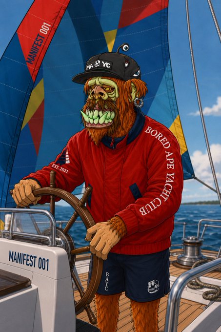 A digital illustration of a Bored Ape Yacht Club character steering a sailboat labeled 'MANIFEST 001', wearing a red 'BORED APE YACHT CLUB' jacket, with an 'EST. 2021' flag visible in the background.