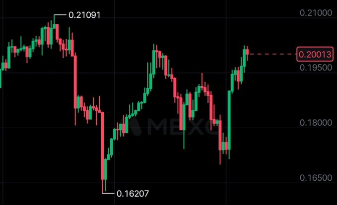 A candlestick chart on a dark background showing price fluctuations between 0.16207 and 0.21091, with the current price highlighted at 0.20013.