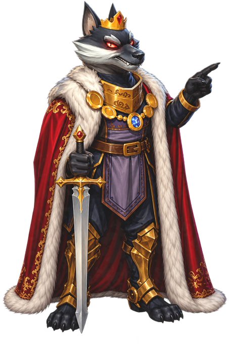 An illustration of a wolf-like anthropomorphic character wearing a red and white fur-lined cape, a gold and purple tunic, and a crown, holding a sword and pointing with one hand.