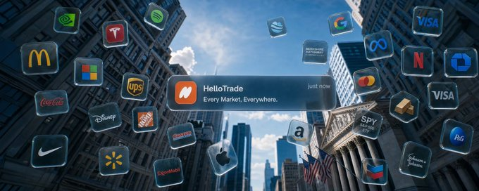 A promotional graphic for HelloTrade features the company's logo and tagline "Every Market, Everywhere" against a backdrop of the New York Stock Exchange, surrounded by floating brand and stock tickers (AAPL, SPY, MSFT, VISA, Netflix, Amazon, Nike, Disney, McDonald's, Coca-Cola, UPS, Johnson & Johnson, and others). The imagery visually reinforces the post's message about HelloTrade being a Monad-based exchange where both founders previously worked at BlackRock's digital assets division.