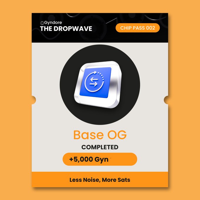 An orange and black digital "Chip Pass 002" ticket for Gyndore's "THE DROPWAVE" campaign showing a completed "Base OG" task with a reward of +5,000 Gyn.