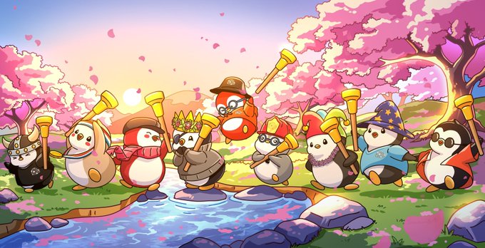 A colorful illustration of a group of penguins in various costumes (including a king, wizard, and knight) playing golden trumpets in a cherry blossom landscape.