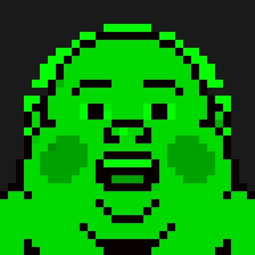 A pixel art illustration of a green character with rosy cheeks and a smiling face on a dark background.