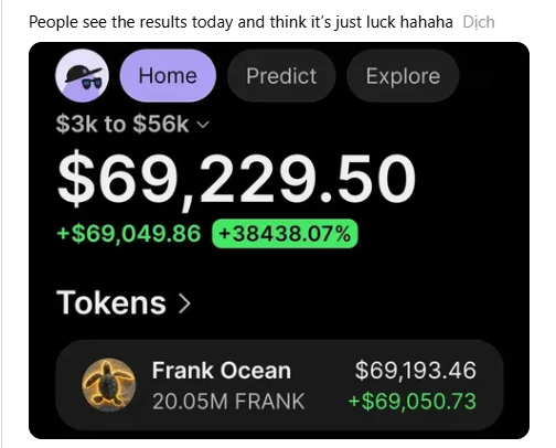 A screenshot of a cryptocurrency app showing a portfolio balance of '$69,229.50' (a gain of '+38438.07%'), with a prominent holding in the 'Frank Ocean' token (FRANK), and a user's caption mocking others who think the results are just luck.