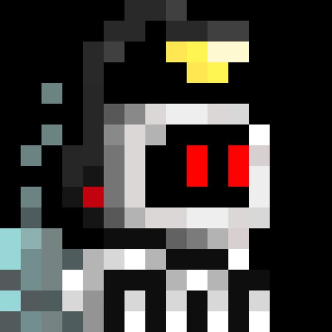 A pixel art illustration of a gray, robotic-looking character with red eyes and a yellow crown, resembling N from the Video Game 'Five Nights at Freddy's'.