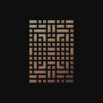 A geometric composition featuring a grid of golden squares, rectangles, and L-shaped blocks on a black background, titled "Colorvoids" by @greyblok.