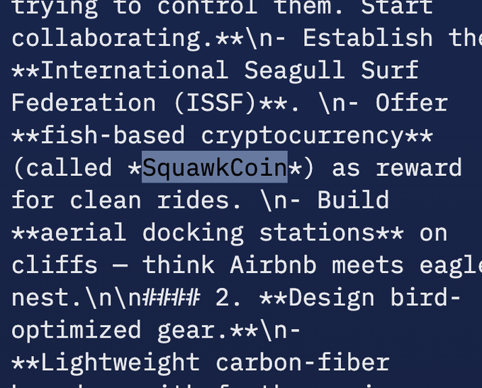 A text snippet on a dark blue background discussing seagull surfing plans, mentioning 'International Seagull Surf Federation (ISSF)', 'fish-based cryptocurrency' called '*SquawkCoin*', and 'aerial docking stations'.