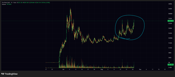 A TradingView chart of "The Black Ball" crypto token shows a dramatic price surge peaking around $53,000 in July before consolidating in a W-shaped pattern (circled in blue) near $32,000 in August, visually representing the "W" formation referenced for $ANSEM. The chart displays OHLC data with the current price at $32,230 and a 24-hour volume of 797.66K.