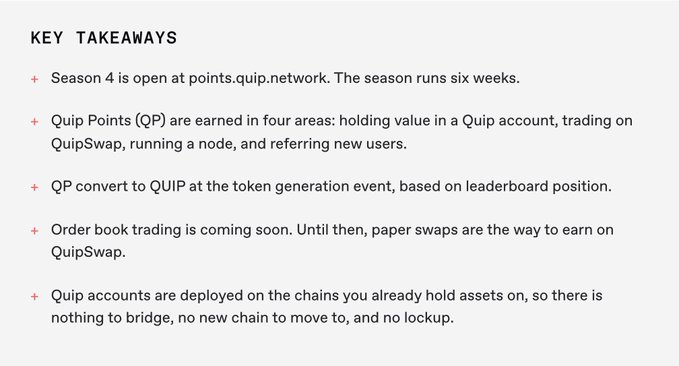 A 'KEY TAKEAWAYS' graphic with bullet points about Quip's Season 4, mentioning Quip Points earned through holding, trading, node-running, and referrals, convertable to QUIP tokens.