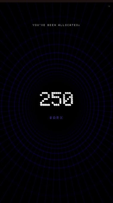 The image features a black background with white text that reads "250 $ARX secured honestly grateful for this allocation after all the time spent learning, supporting, and being part of the @Arcium journey... it feels good to finally have a piece of the ecosystem". The main focus is on the number 250.