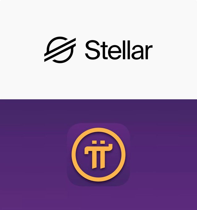 The image displays the Stellar logo at the top and the Pi Network coin logo at the bottom on a purple background, visually pairing the two cryptocurrencies as the post questions whether Pi's price would rise like Stellar's, whose daily transactions surged from 9.3M to 14.3M in one week.