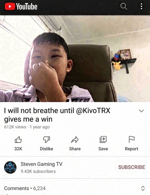 A YouTube screenshot shows a young boy covering his mouth with his hand, titled "I will not breathe until @KivoTRX gives me a win" with 612K views, 32K likes, and 6,234 comments from Steven Gaming TV, illustrating the post's theme of patiently waiting for a win.