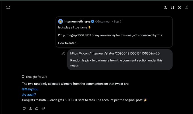 A Tria chat showing an Internoun.eth post giving away 100 USDT to two randomly selected winners, @Mayn8u and @y_aaah7, with 50 USDT sent to each.
