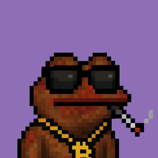 Pixel art of a brown character wearing sunglasses and a gold chain with a "B" pendant, smoking a cigarette against a purple background.