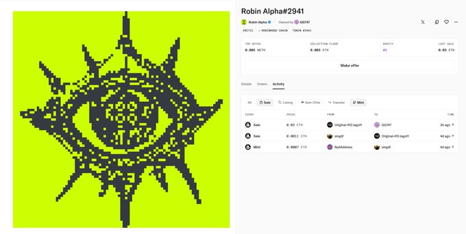 An NFT listing page for "Robin Alpha#2941" showing a green pixelated star/eye design with details and activity history.