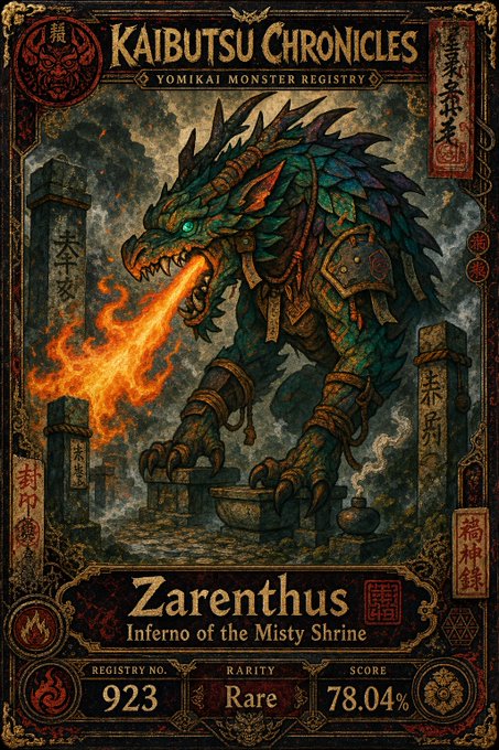 A fantasy trading card titled 'KAIBUTSU CHRONICLES - YOMIKAI MONSTER REGISTRY' featuring 'Zarenthus - Inferno of the Misty Shrine,' a fearsome dragon-headed samurai creature breathing fire, marked as Registry No. 923, Rare rarity, with a 78.04% score.