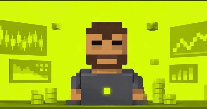 A pixel art style image of a bearded character with a laptop, surrounded by floating green cubes and financial charts against a bright green background.