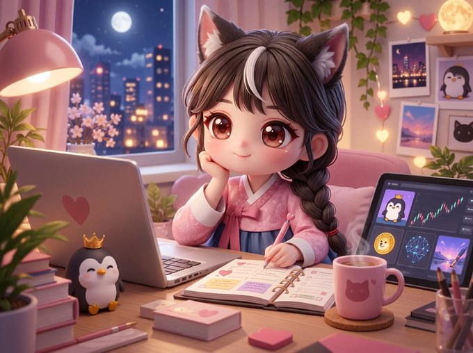 A digital illustration of a cute chibi-style anime girl with animal ears in a pink outfit, sitting at a desk with a laptop, planner, and penguin figurines, with a night cityscape visible through the window.