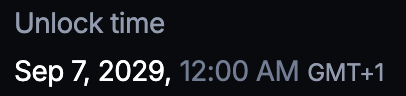 Dark graphic with stylized text reading 'Unlock time' at the top and 'Sep 7, 2029, 12:00 AM GMT+1' at the bottom.